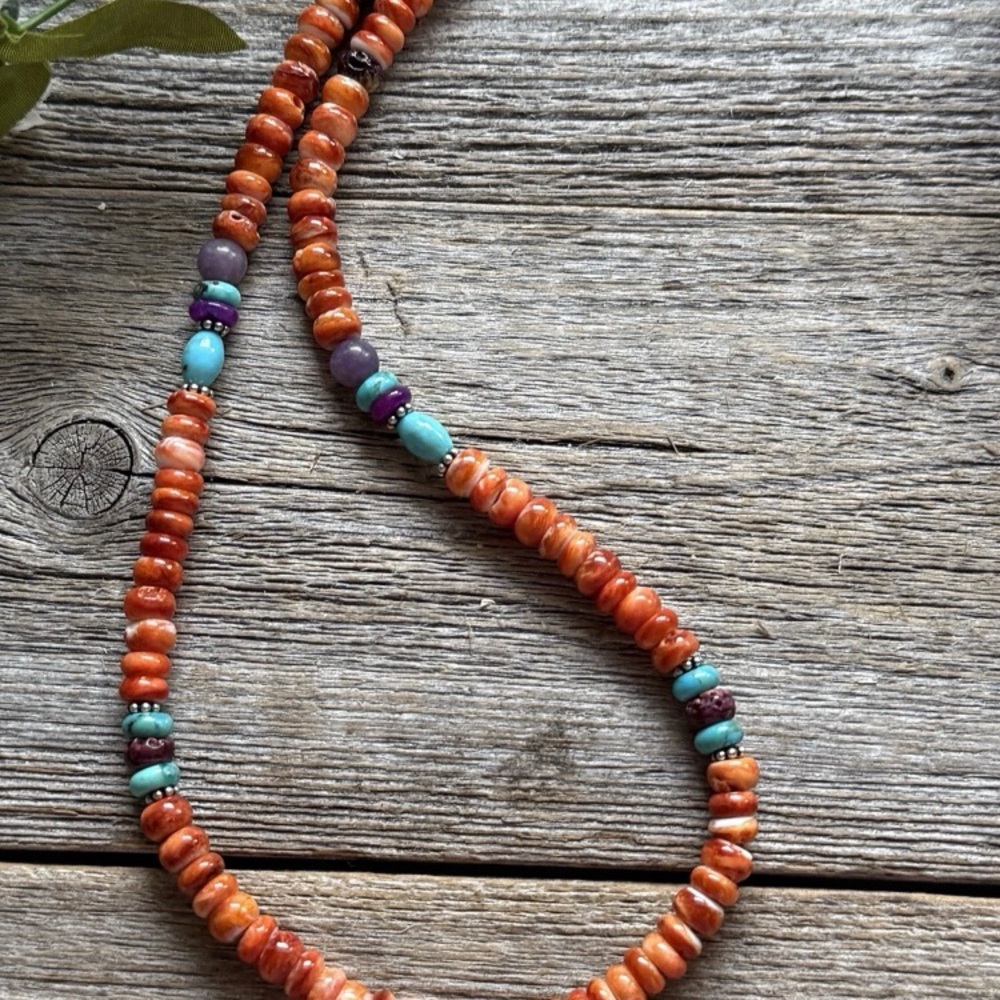 Orange Spiny Oyster Multi Stone Color Sterling Silver Bead Necklace 18 inch Gift - Picture 2 of 12